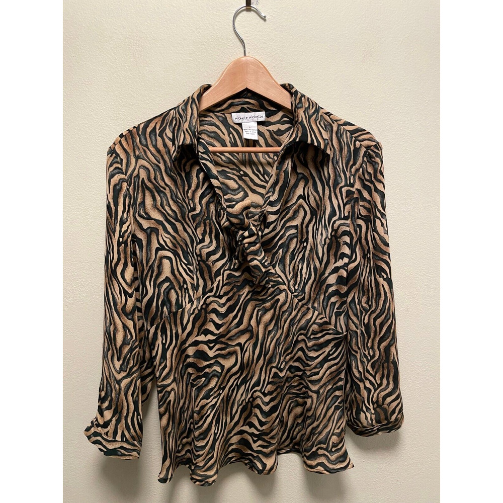 Vintage Michele Michelle Womens Top Large Animal Print Ruffle Tie Neck Mob Wife